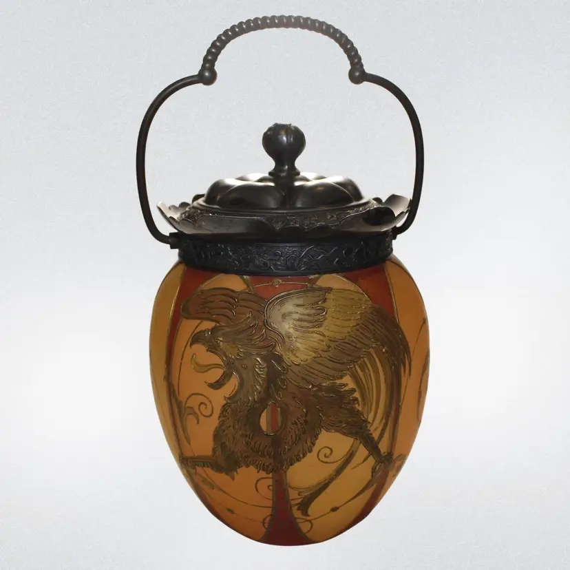 Antique SCARCE c.1890s Mt Washington Glass Royal Flemish Moriage Cracker / Biscuit Jar w/ Griffin Victorian, 7.75"