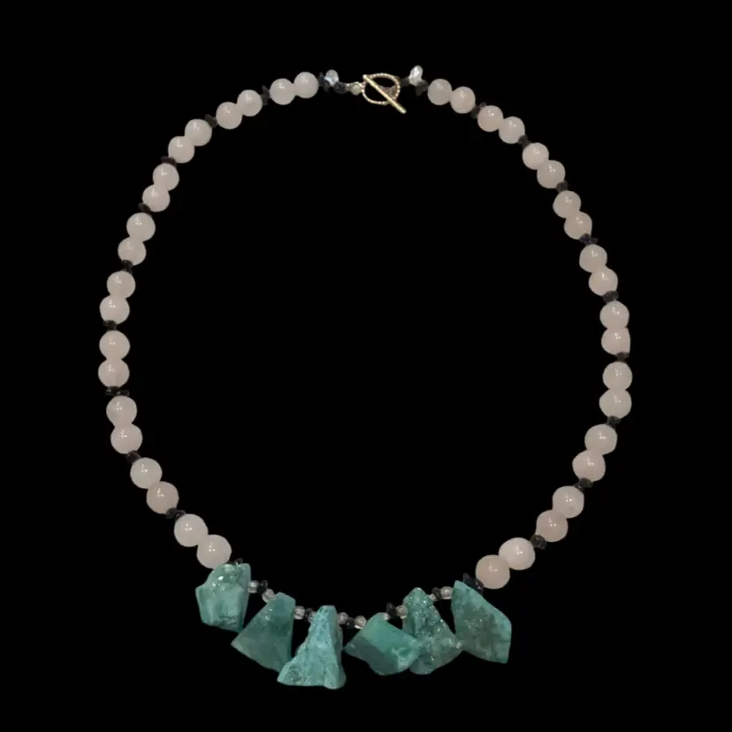 Handmade Semi Precious Gemstone Necklace Rose Quartz & Raw Amazonite Toggle Clasp 24”