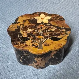 Marble Stone Carved Trinket Box w/ Lid Mother of Pearl Inlay Floral Design 3.25”