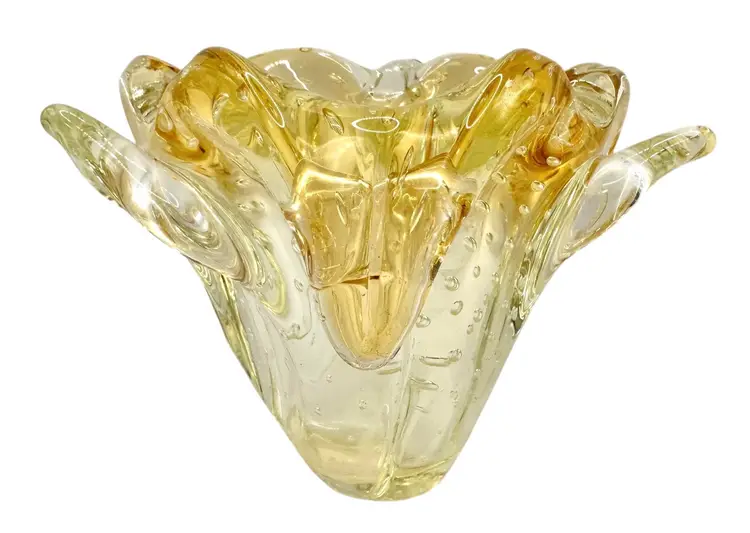 Vintage Art Glass Vase Waterfall Lily Controlled Bubble Amber Yellow Clear 4.25”