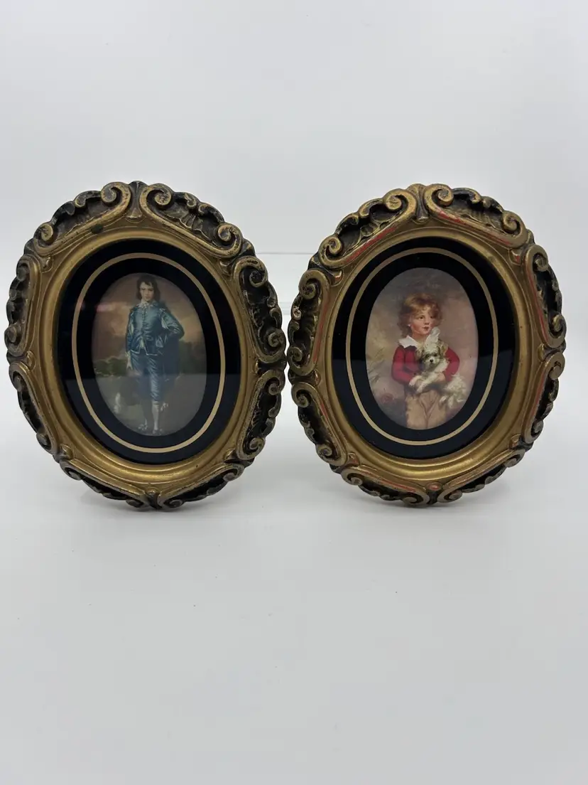 2 Vintage Ornate Gold Oval Framed Prints Of The Blue Boy & Master Simpson