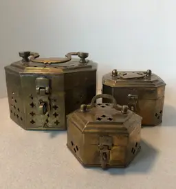Vintage Set of 3 Brass Cricket Trinket Potpourri Boxes - Octagon, Square & Hexagon