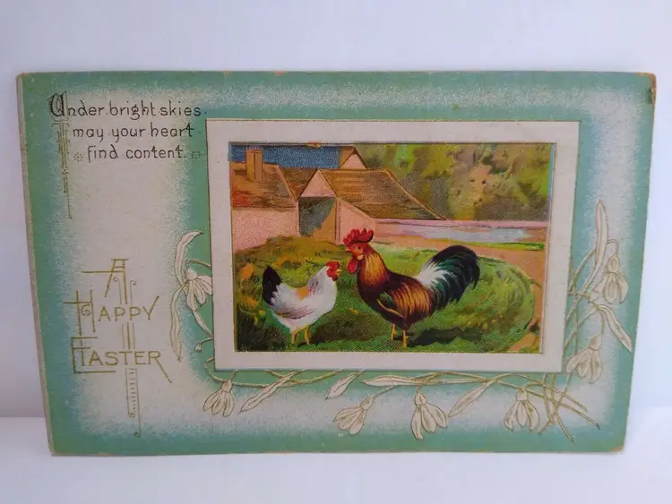 Easter Postcard Country Farm Rooster Embossed Lilies Vintage Antique B.P.C 235