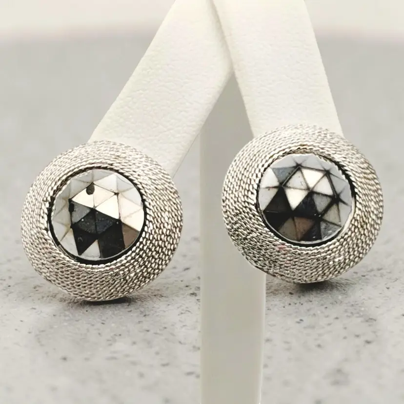 Crown Trifari Mirrored Silver Tone Round Beveled Clip-on Earrings Vintage READ