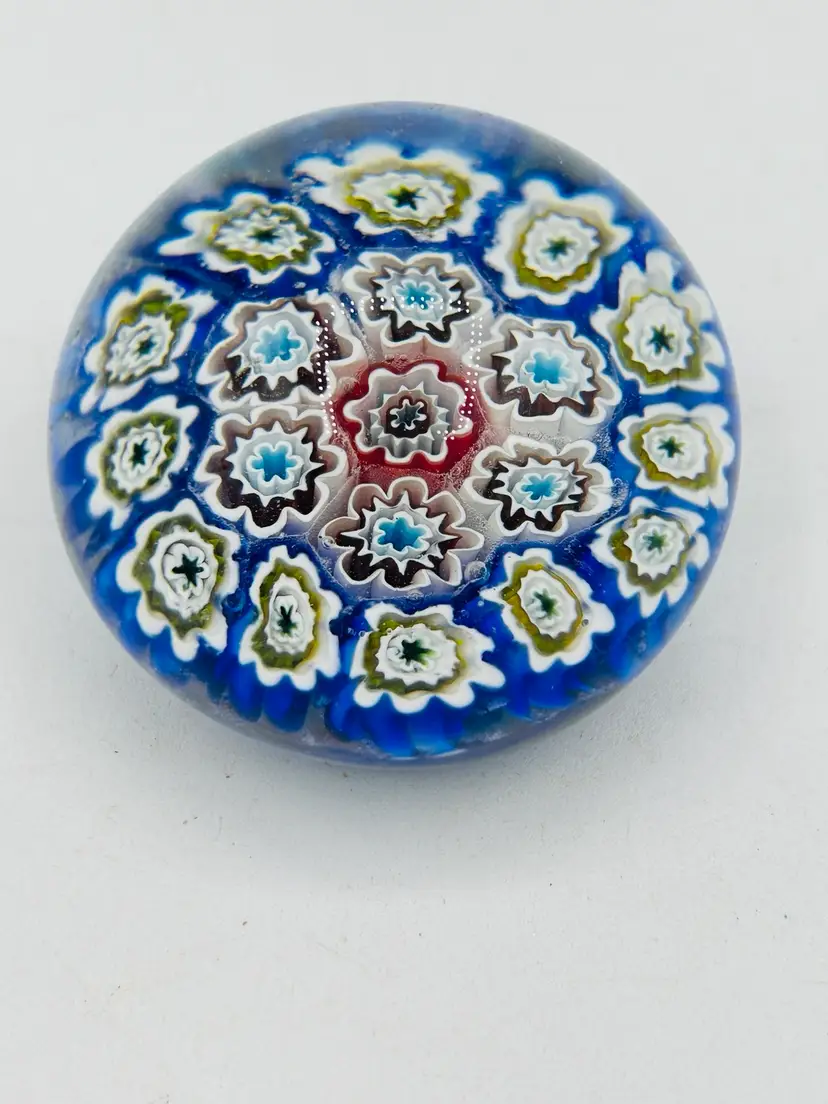 Vintage Murano Art Glass Paperweight with Millefiori Canes Blue Yellow Red
