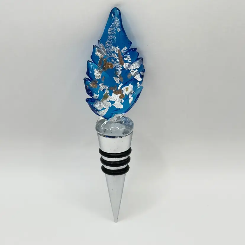 Wine Bottle Stopper, Handcrafted Fused Glass Barware, Vibrant Blue Leaf Design Silver Specks, By Murano Wine Collection Stoppers, Made in Italy