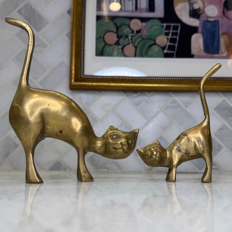 Brass Cat Ring Holder Figurines Set of 2 Mid Century Brass Kitten Decor