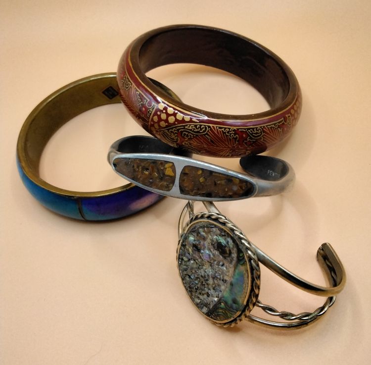 Vintage Lot of 4 Bracelets Cuff/Wooden/Abalone Shell/Pewter