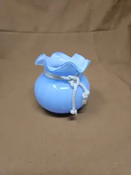 Vintage Opaline Light Blue Ruffle Bud Vase White Glass Cased