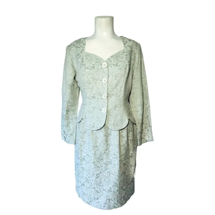 Vtg Lanz Petite Brocade Tailored Skirt Suit Sz 10 Sage Green Scalloped Hem NEW