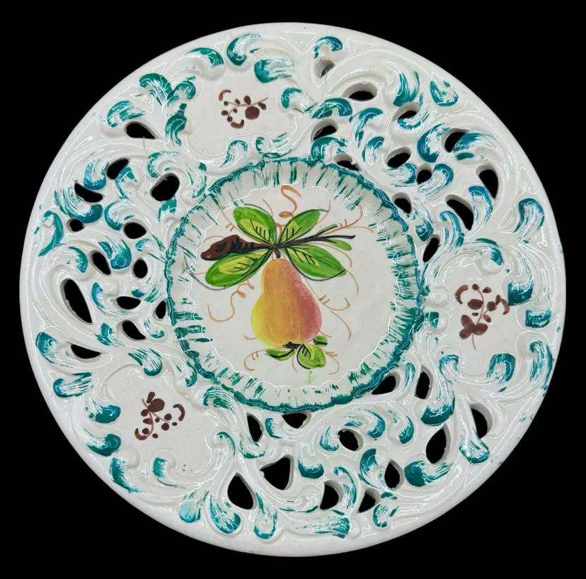 Vintage Italy Pottery Ceramic Plate Pear Fruit Reticulated Wall Hanging Decor 8”