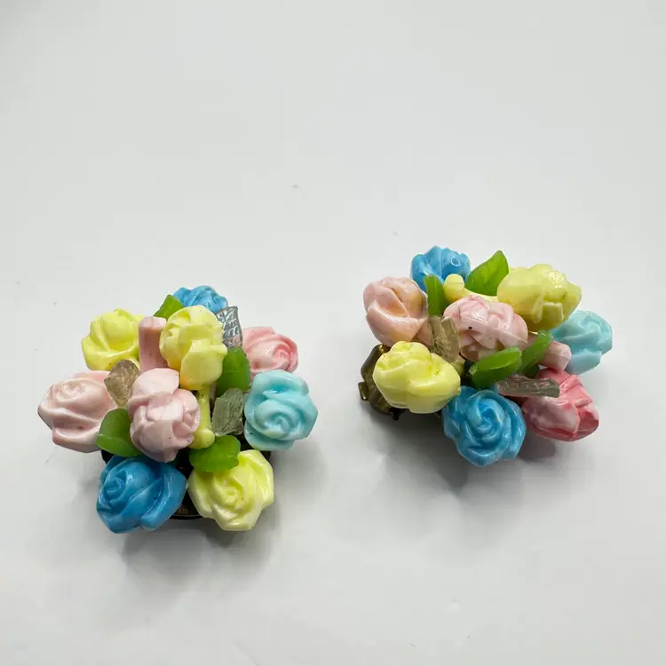 Vintage Molded Plastic Flower Cluster Pastel Bouquet Antique Brass Clip Earrings, Stamped W. Germany, Made in W. germany