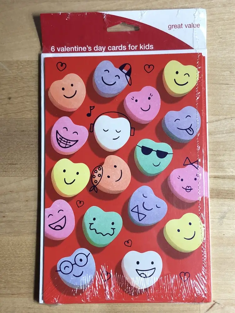 6 Valentines Day Cards W/ Envelopes Candy Hearts with Faces American Greetings