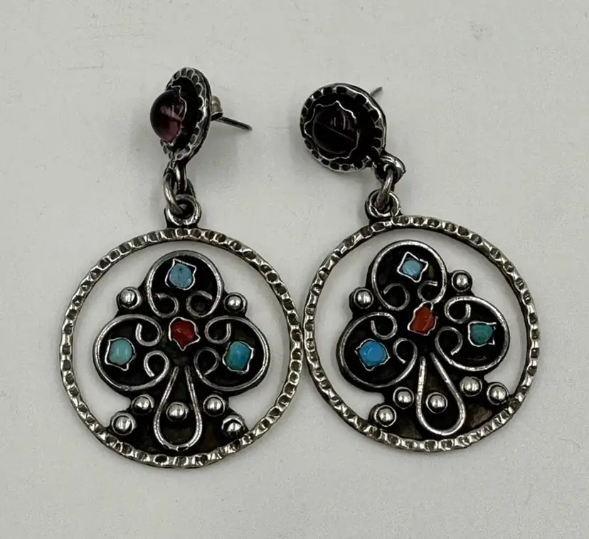 Made In Mexico Sterling Silver 925 Turquoise Stone Clover Drop Peirced Earrings