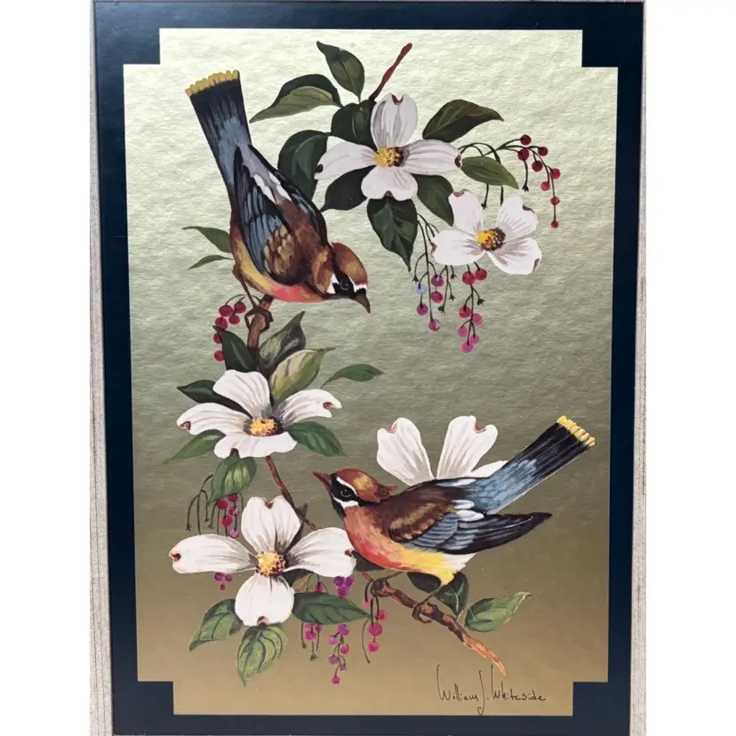 Vintage Signed William J Whiteside Signed Birds On Dogwood Gold Foil Art Print