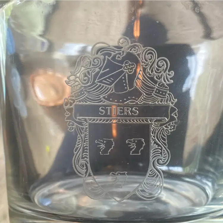 German Vintage Etched Stiers Crest Crystal Decanter 9.5”