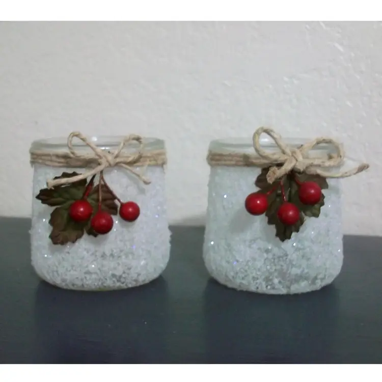 Frosted White Tealight Candle Holders Red Berry Accents Repurposed Food Jars 2.75"