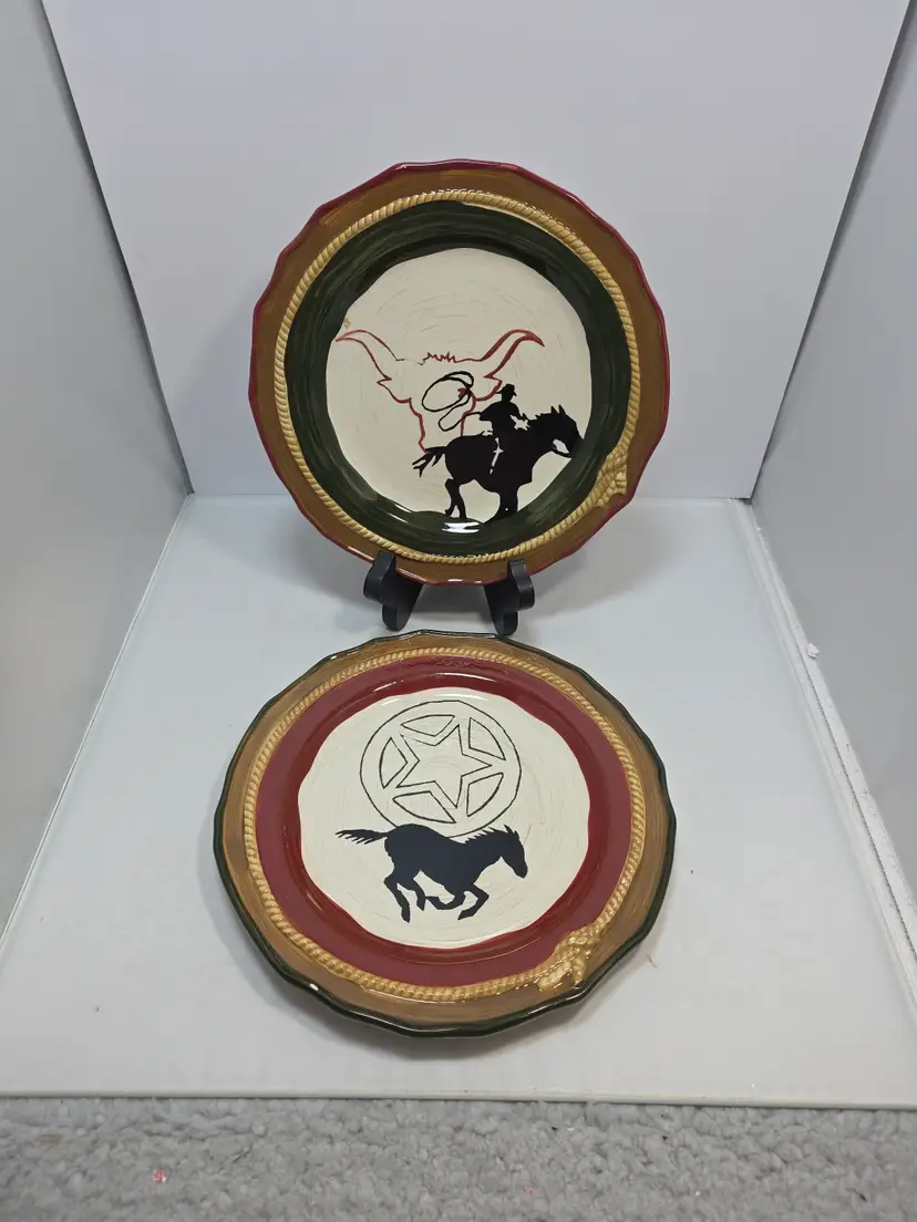 Sonoma Happy Trails Western Cowboy Horse Salad Plates Set of 2 8.75"
