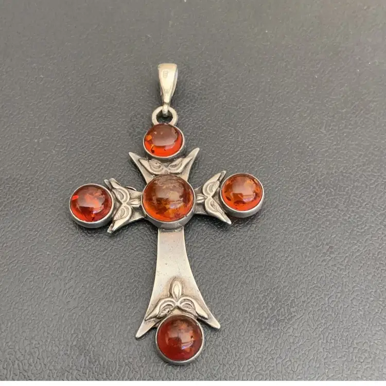 Vintage Religious Sterling Amber Cabochon Cross