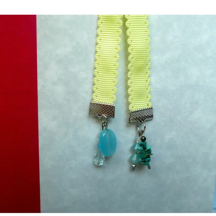 Yellow Picot Ribbon Crystal Teardrop & Turquoise Bead Dangle Charms Bookmark 10.75"