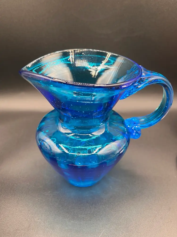 Wide Spout Aqua Blue MCM Art Glass Optics Pitcher 6”
