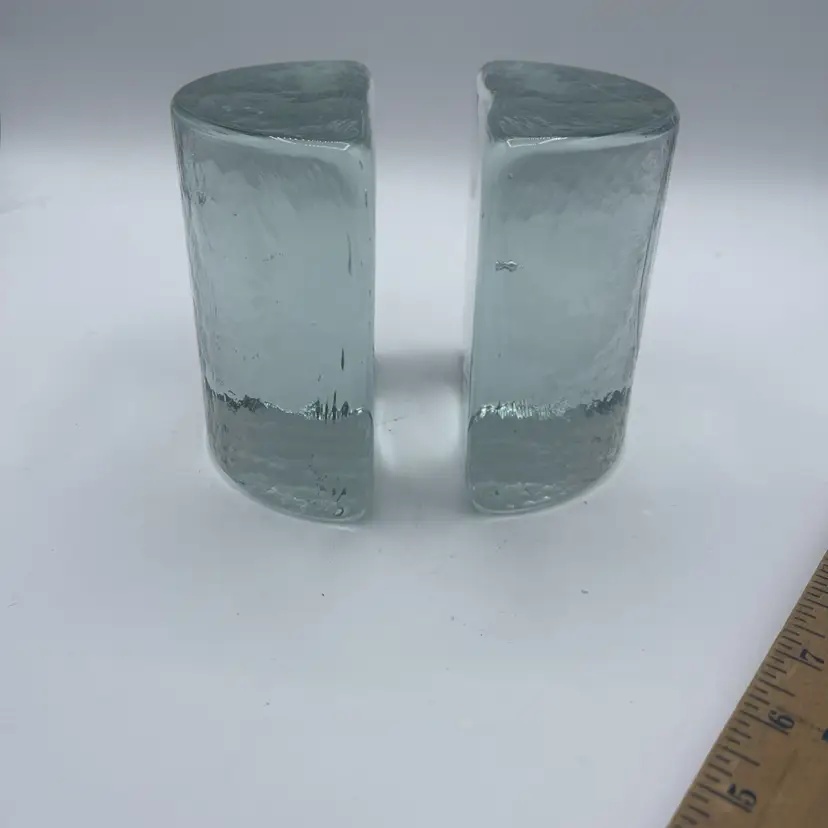 BLENKO Half Moon Clear Glass Bookends 5” X 5"  Modern MCM HEAVY Glass READ