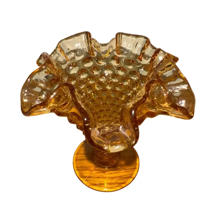 1970’s Fenton Small Amber Glass Hobnail Ruffled 4” Bud Vase