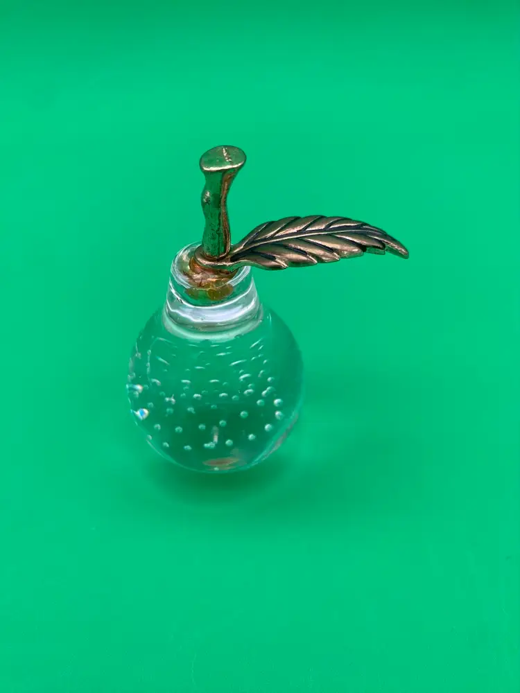 VTG Clear Glass Pear Shaped Paperweight w Controlled Bubbles & Brass Stem + Leaf