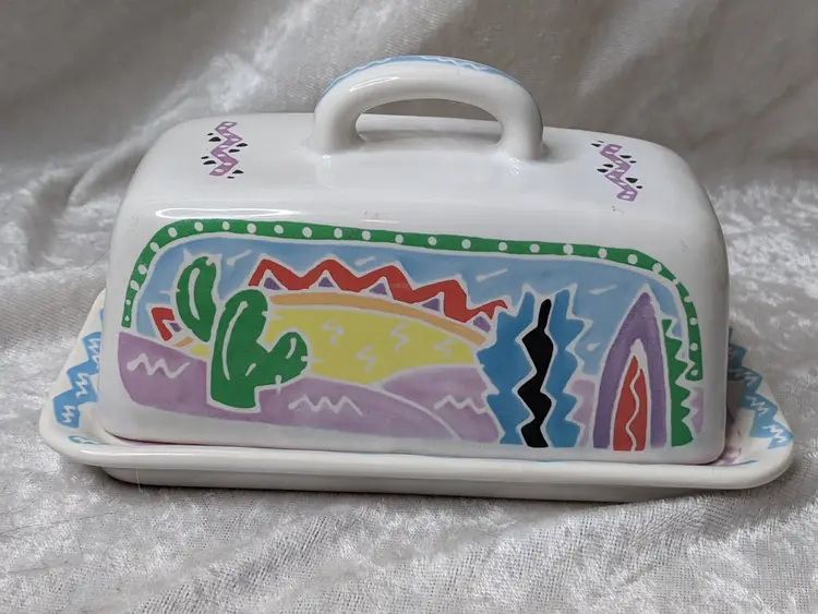 Judith Geiger Chaleur Covered Butter Dish Southwest Desert Folk Art Theme 1980s Colorful Gift