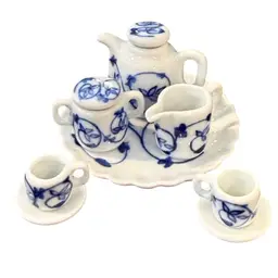 Handcrafted Thailand Blue White Porcelain Footed Flower Leaves Vintage Mini Tea Set