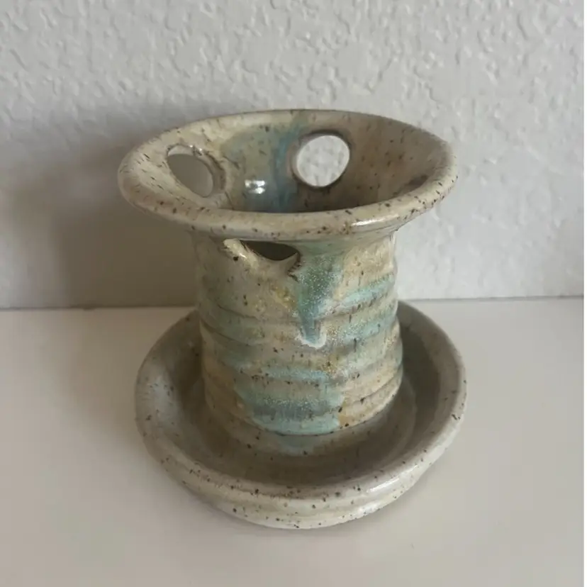 Artist Signed Studio Pottery Candle Holder Cream And Light Blue Glaze