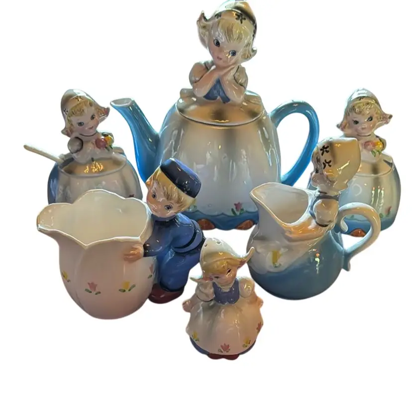 Vintage Lefton Dutch Girl Tea Set - Teapot, Dutch Boy & Dutch Girl Creamers, Sugar Bowl With Spoon, Jam Jar & 1 Salt Shaker - 2698, 2967, 2099, HR 22073 - With Original Stickers