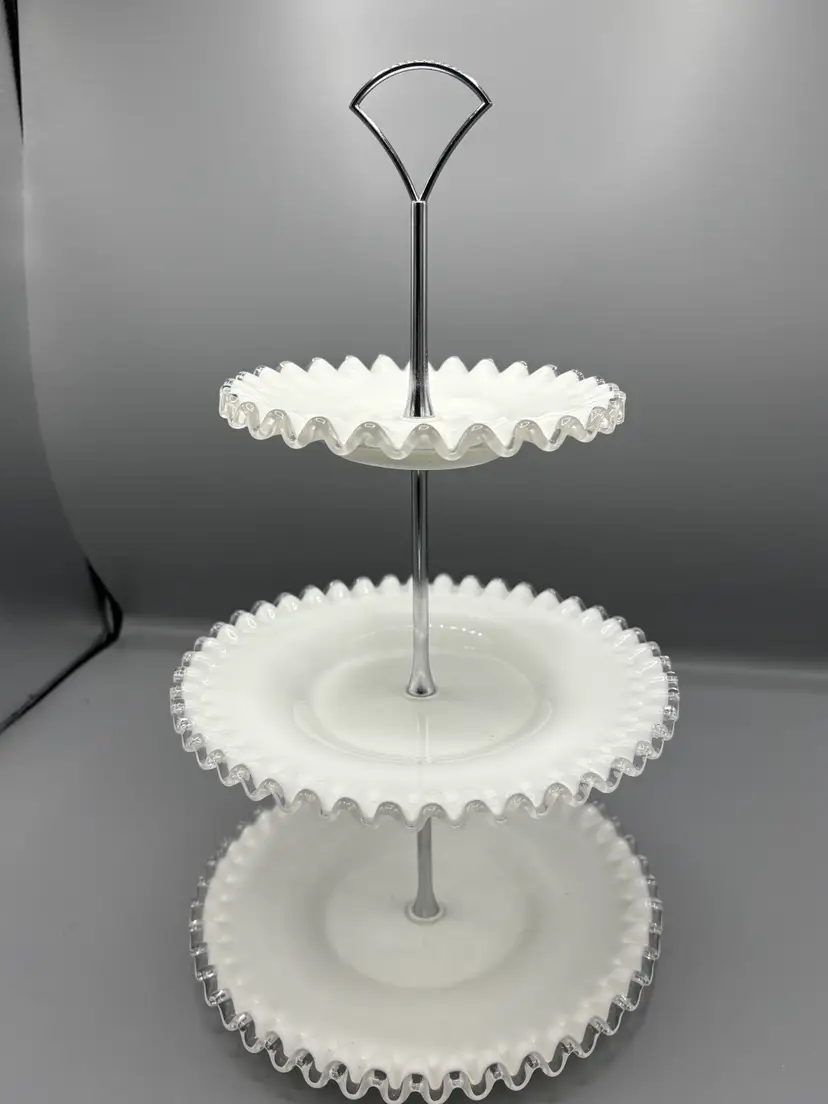 Fenton silver crest milk glass tier ruffled serving tray