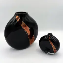 Fellerman Art Glass Studio Set of 2 Vases Midnight Fire Black Gold Brush Stroke