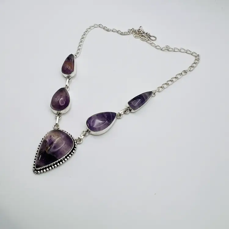 Handcrafted 5-Stone Amethyst Necklace in Sterling Silver Finish