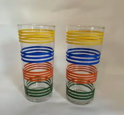 Vintage Trio Striped Iced Tea High Ball Glasses Primary Colors Fiesta MCM Set 2