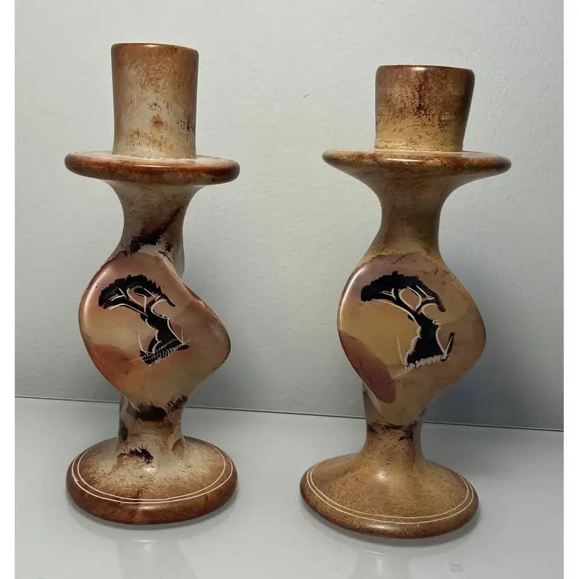 Vintage Twisted Hand Carved Soapstone Candle Holders African style, set of 2