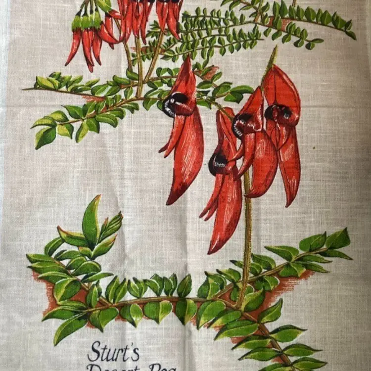 Vintage Tea Towel Pure Linen  Australia Sturt’s Desert Pea flower