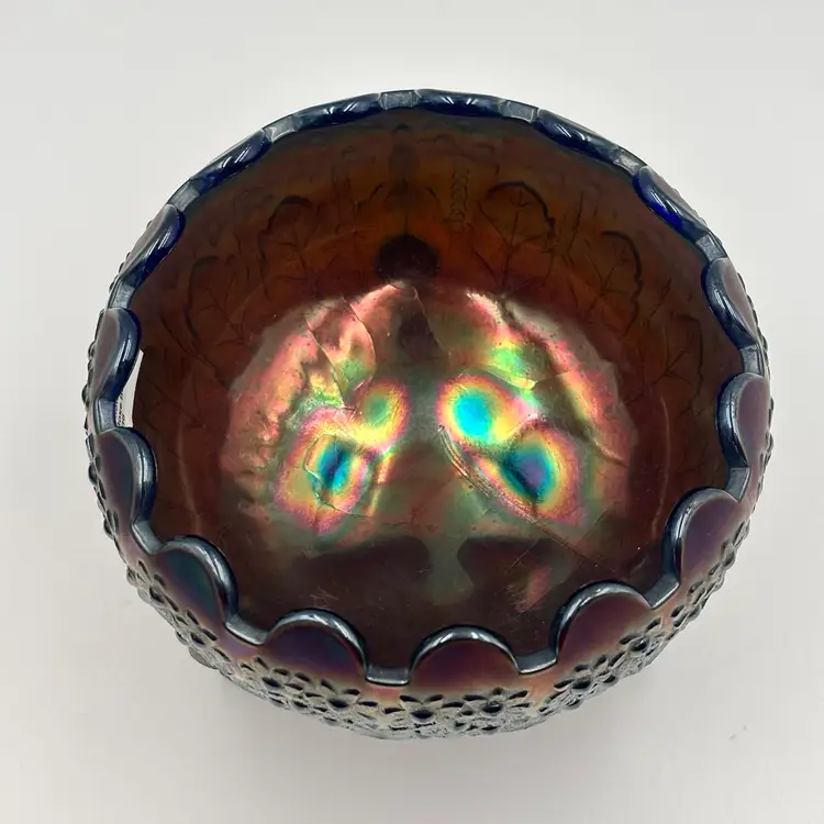 FENTON Iridescent Amethyst Cobalt Carnival Footed Orange Tree Flower Rose Bowl