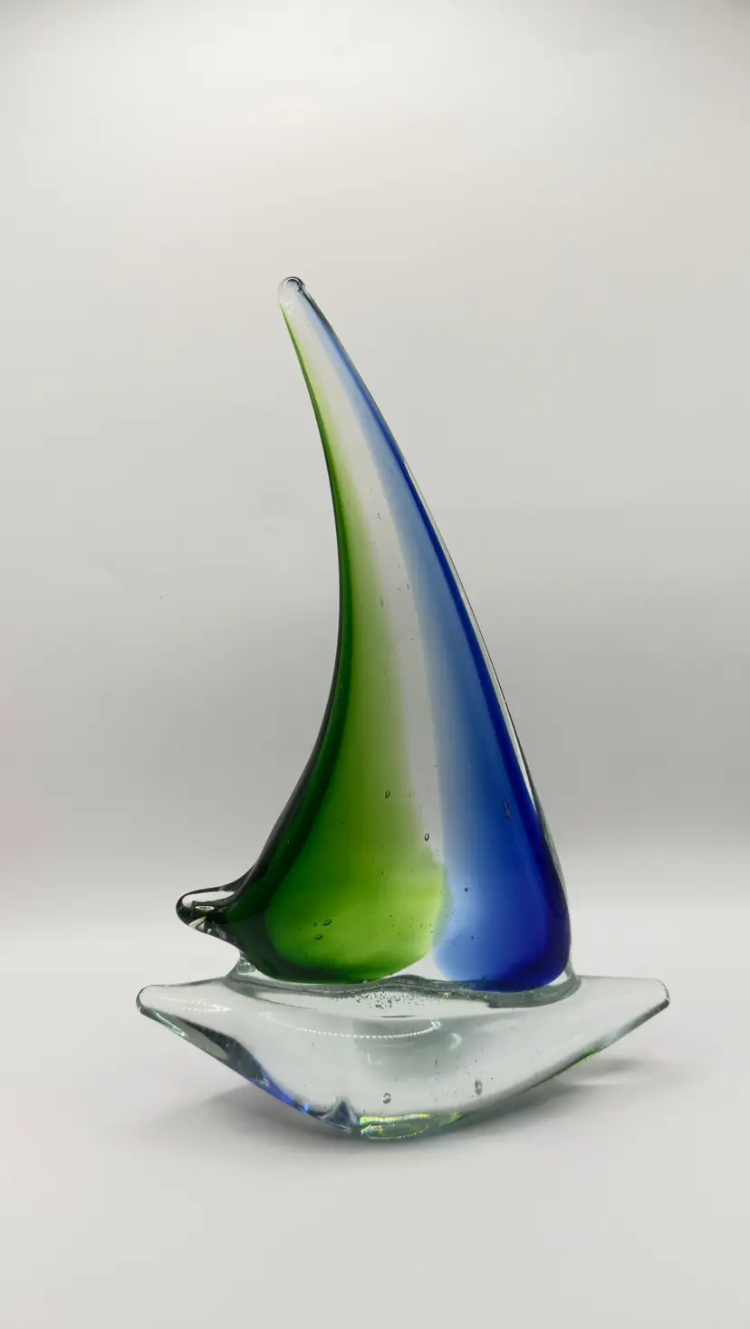Vintage Sailboat Art Glass Sculpture Figurine, Nautical Blue Green Clear, Unsigned