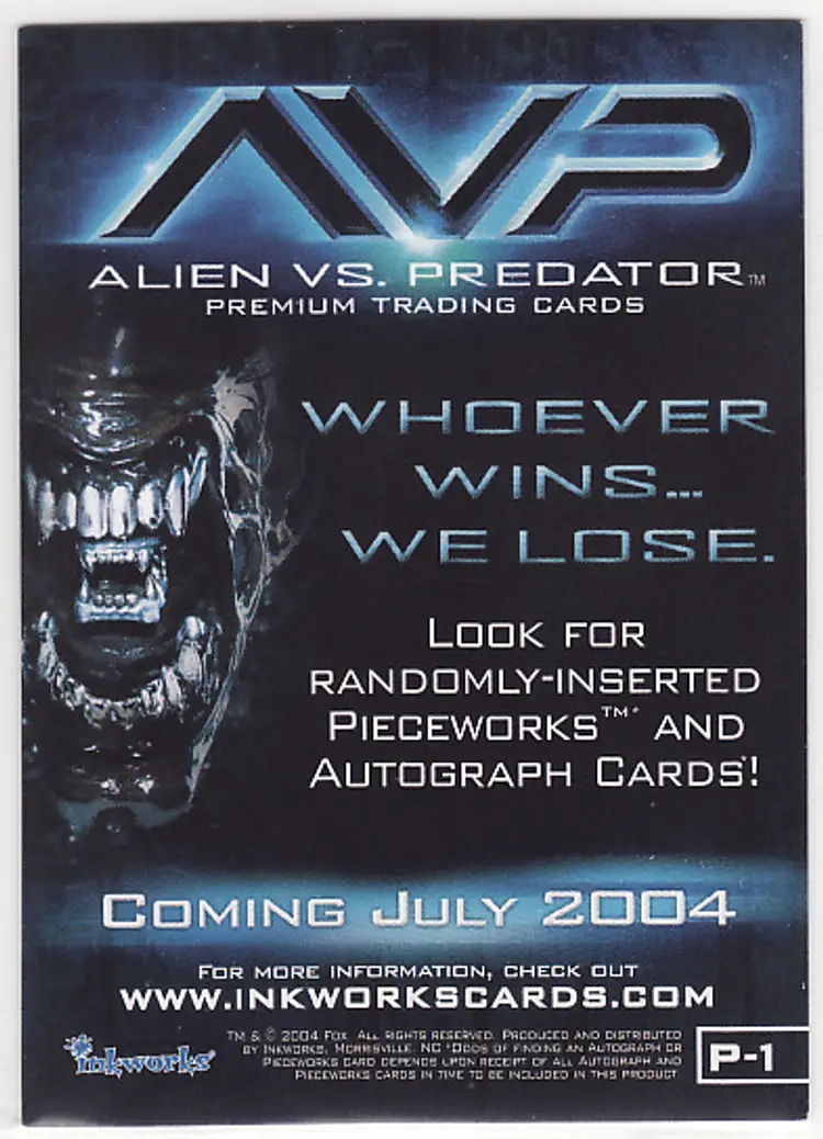 Alien vs Predator Movie Promo Card P-1 Inkworks 2004