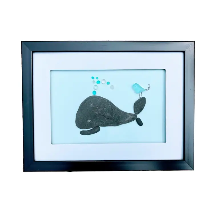 Whimsical Beach Rock Whale With Beach Glass Bird