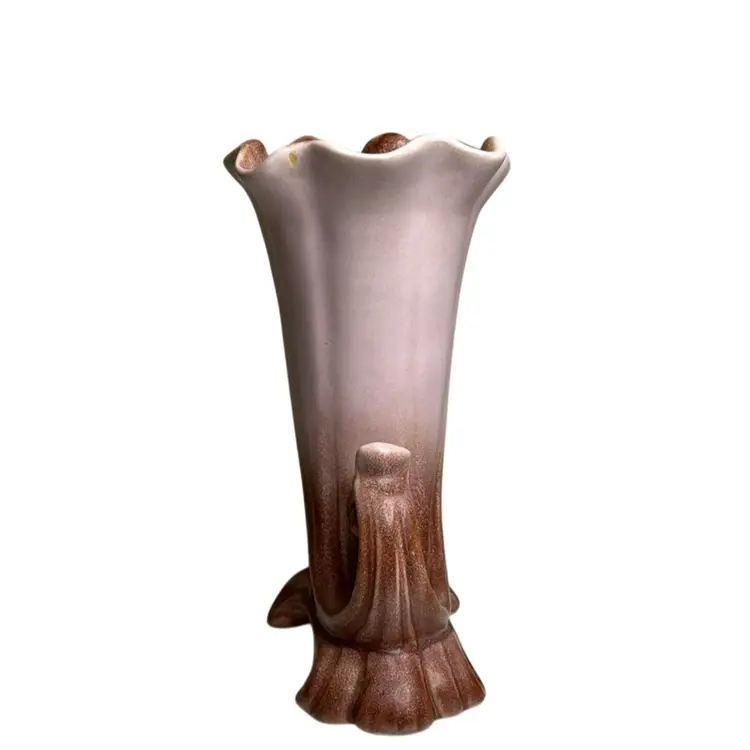 Vintage Art Pottery Vase Weller Lido? Cornucopia Vase Blush Pink/Plum Ruffle Edge
9-5/8” T x 6-1/2” L x 5” W