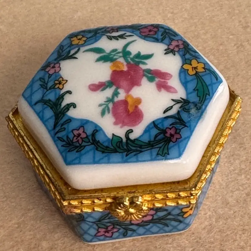 Vintage porcelain hexagonal trinket box with floral decoration and metal frame, Purchased In china