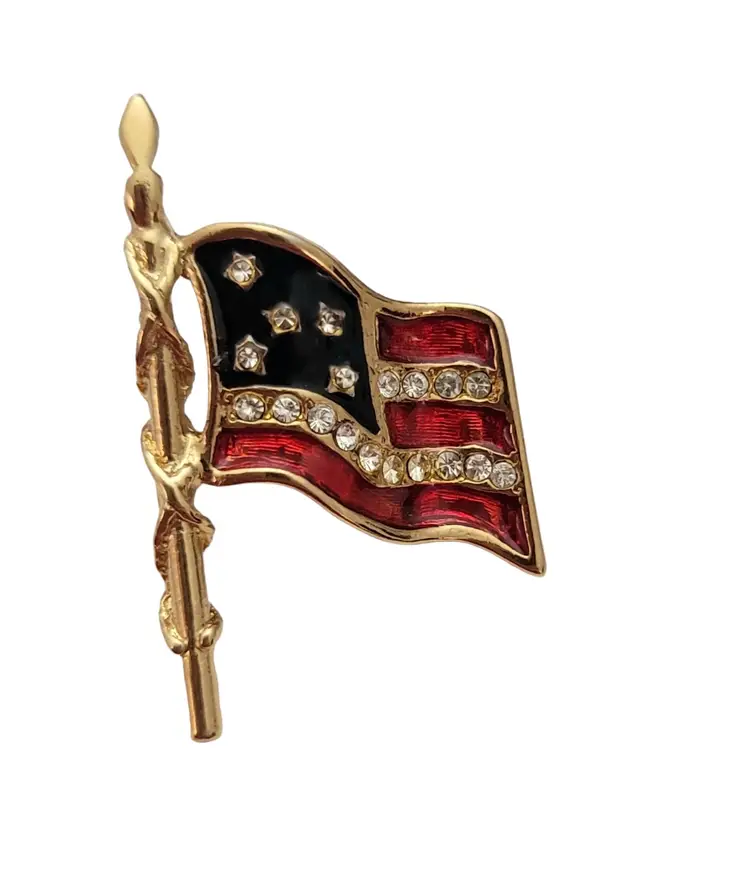 Carolee Red Blue Enamel Clear Rhinestone Flag Patriotic US Pin, Signed E729
