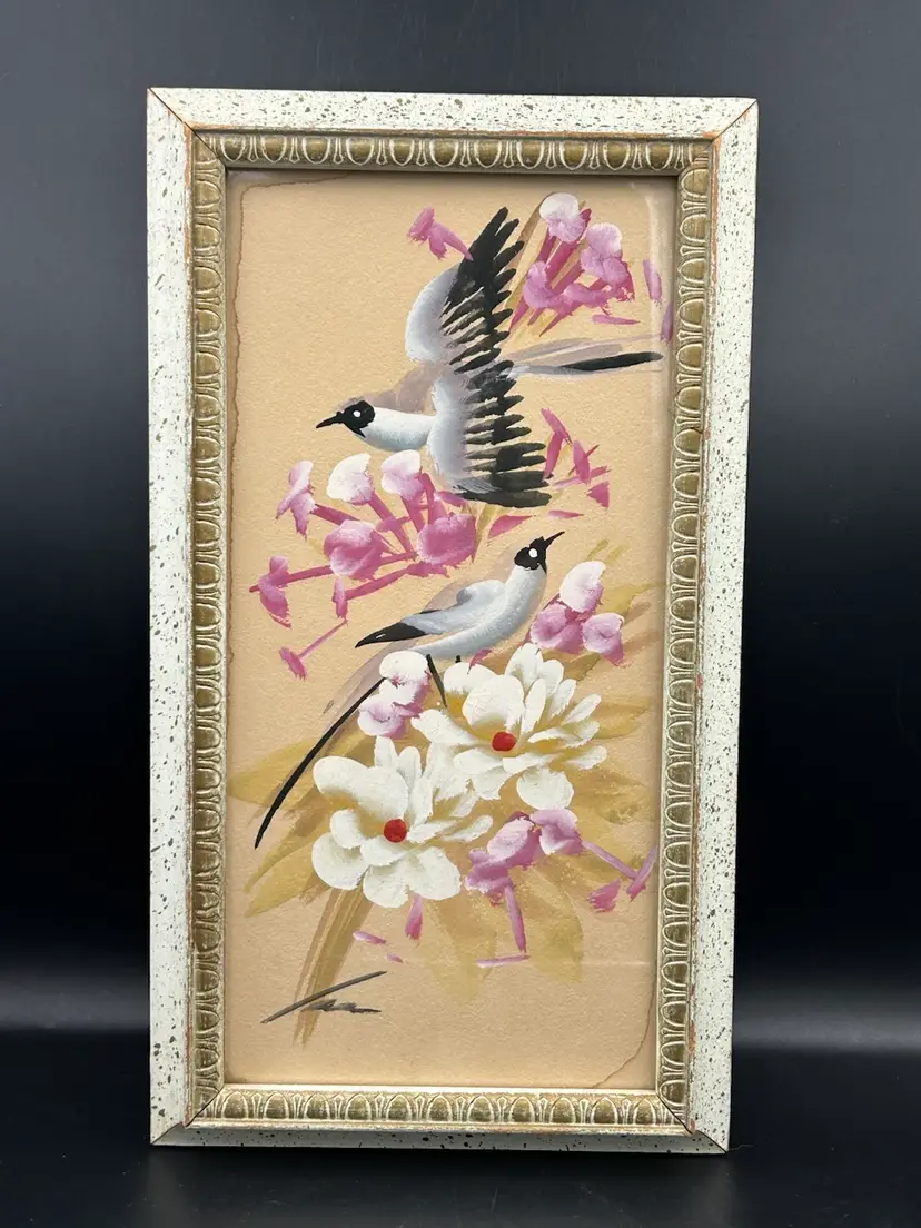 Vintage framed painting of birds and florals signed artwork