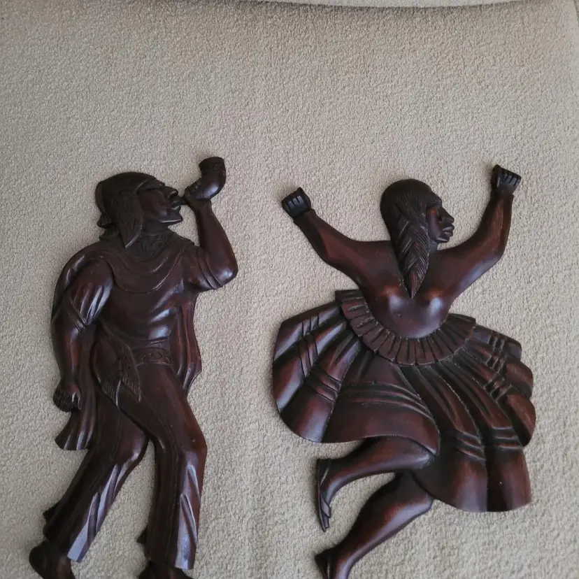 Bolivian Hand Carved Wood Plaques Dancing Woman and Man