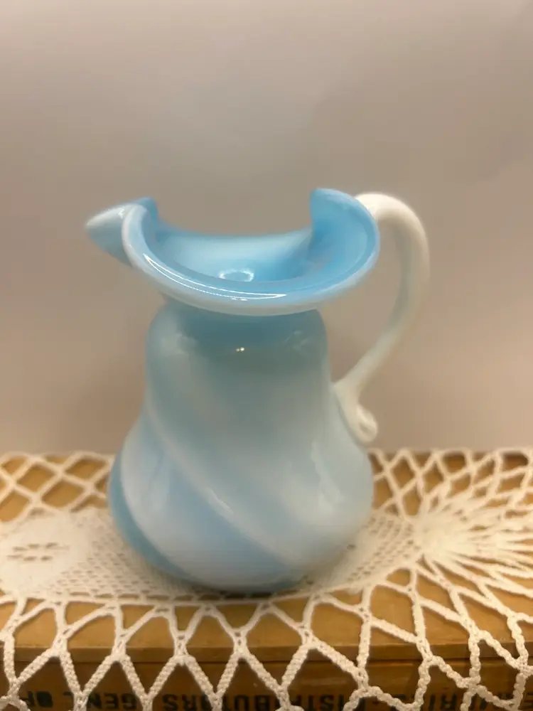 Hand Blown Art Glass White /Blue Slag Pitcher 4 1/4x 3 1/2