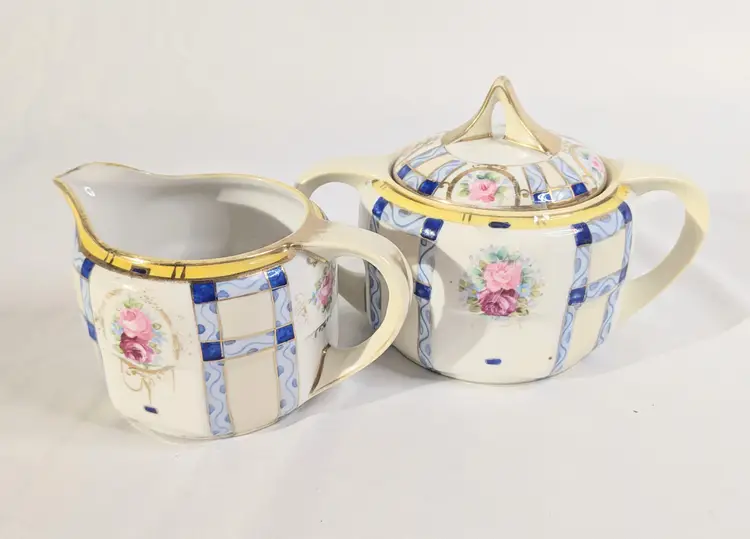 Vintage Nippon Porcelain Hand Painted Creamer and Sugar Bowl