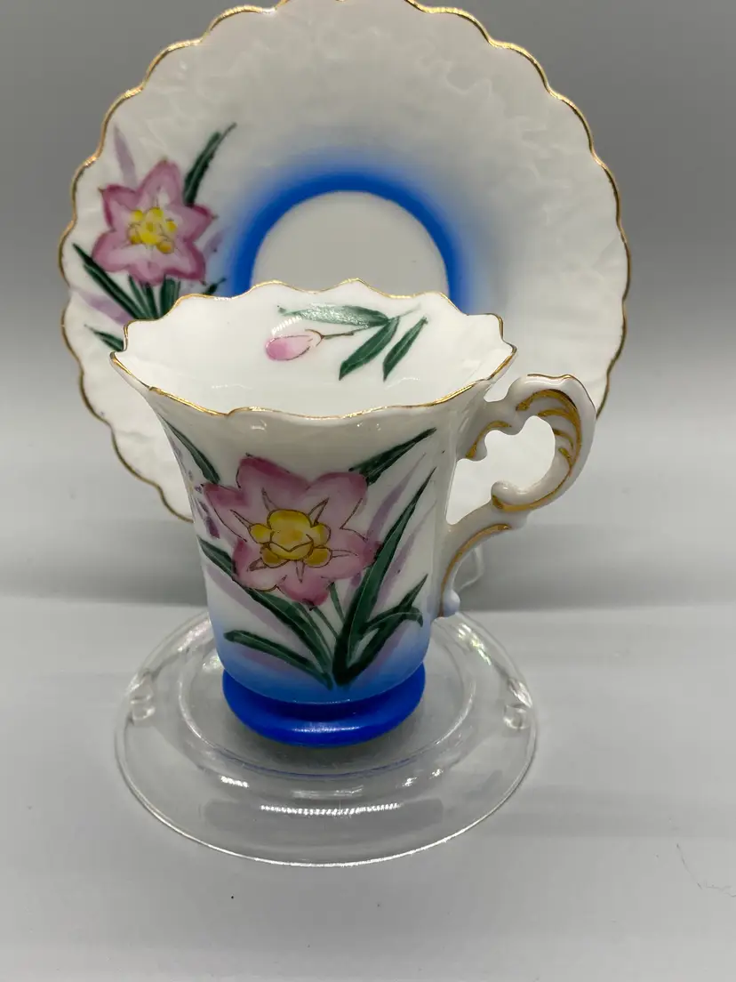 Sealy China Blue White Hand Painted Pink Flower Demitasse Cup N Saucer w/ Stand